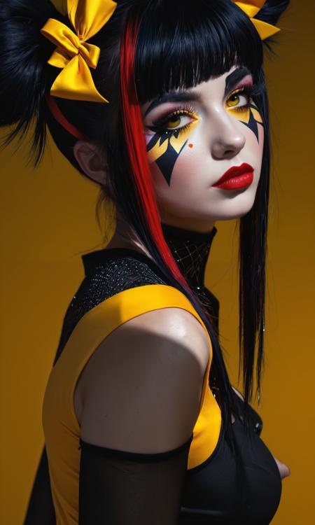 embedding:IllusP0s, embedding:Smooth_Quality, embedding:Stable_Yogis_PDXL_Positives,  1girl, solo, breasts, looking at viewer, bangs, black hair, bow, medium breasts, yellow eyes, upper body, hair bow, sidelocks, red hair, multicolored hair, blunt bangs, hair bun, from side, lips, streaked hair, eyelashes, double bun, makeup, lipstick, pale skin, eyeshadow, nose, facepaint, facial tattoo, diamond \(shape\), black lips,  Beleza_artstyle
 Realistic, high_quality, highres, beautiful, detailed, (masterpiece, best quality:1.2), absurdres, 8k, HDR, raytracing