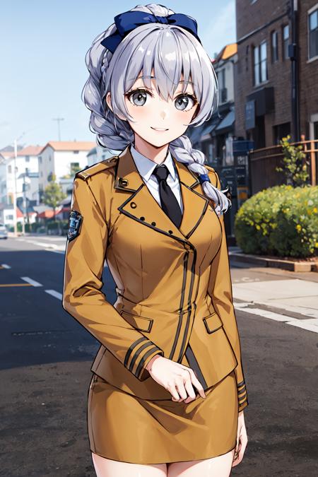 1girl, solo, braided ponytail, single braid, grey eyes, grey hair, military uniform, black necktie, blue bow, brown skirt, 