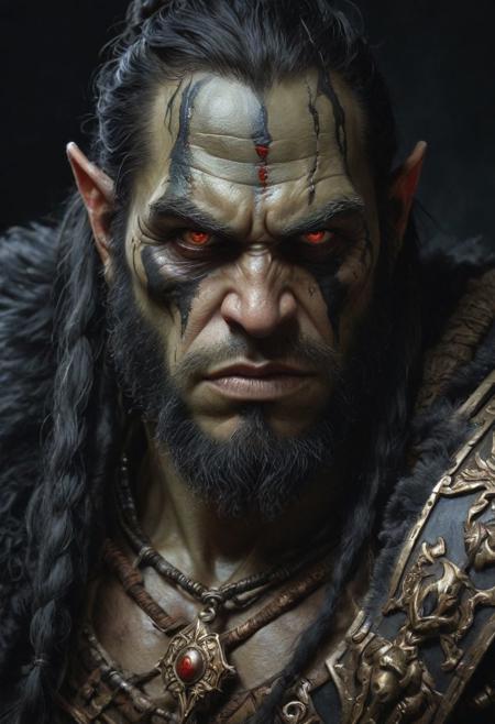 Warcraft Human warrior, Black over black, top light, masterful painting in the style of Anders Zorn | Marco Mazzoni | Yuri Ivanovich, Todd McFarlane, oil on canvas