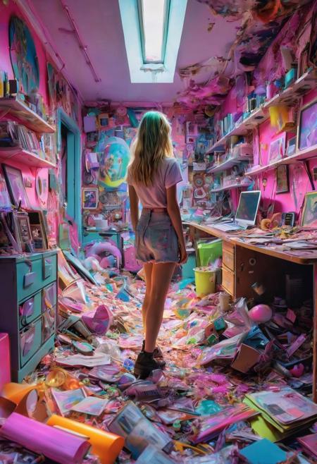 By Herg, neon-pastel Bad Trip Girl, high on life, Trash Surrealism wallpaper, Focus at right side of a crowded loong Floor through many different rooms into eternity, girl standing at messy desk