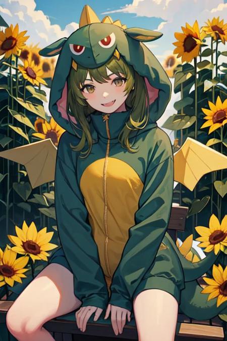 gaogaonichika, 1girl, solo, hood, bangs, green hair, fangs, animal costume, tail, wings,
arm at side, between legs, hand between legs, head tilt, looking at viewer, on chair, sitting, smile, solo, bird, cloud, flower, sunflower
<lora:nichika-gao-v1.1b:1>