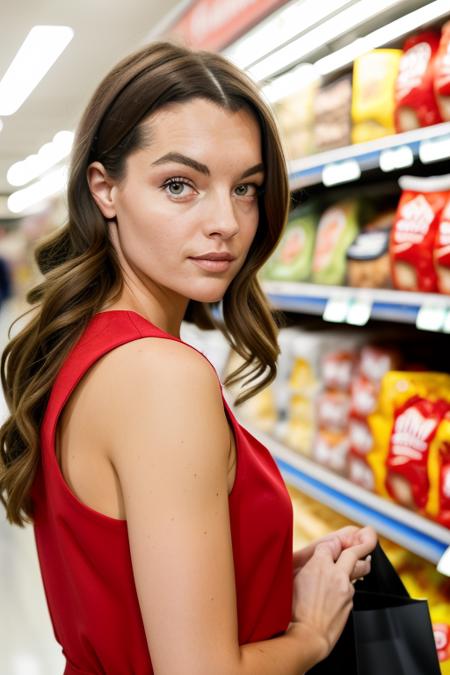 raw photo of an a beautiful woman, 8k uhd, at the grocery store, cute outfit, close up