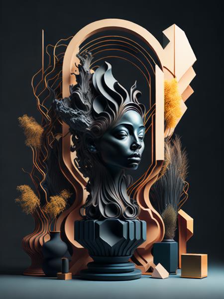 <lora:SurrealHarmony:0.7>a sculpture of a woman's head surrounded by various pieces of art