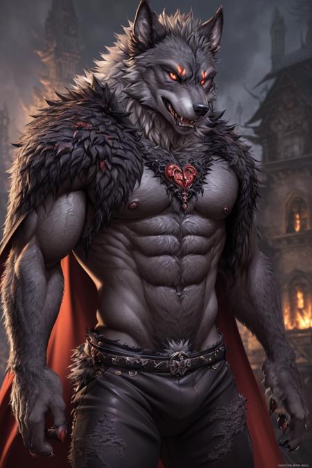 dark fantasy art, uploaded on e621, anthro, nsfw, furry, explicit, explict, ((werewolf)), high res, ((detailed realistic image)), (detailed eyes, expressive eyes:1.2), impasto impressionism, insane details, soft, cinematic lighting, (hyper realistic fur:1.3), (detailed fur:1.2), pupils, (full body view), (fur covered body), (male),  (athletic:1.5), (werewolf face), (werewolf features), (expressive face, detailed face), (anime hair:1.4), (realistic quality:1.3), photographic quality, (posing), full color, (3d:1.3), (graying hair:1.3), kemono, (highly detailed:1.3), red eyes, (evil grin), overdramatic villain, (bulge:1.2), (evil lair background), magic, sorcerer, chaos, corruption, (villain outfit), (tattered cape), villain, muscle, muscular,