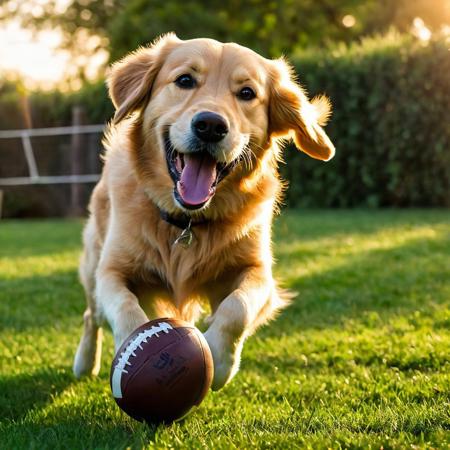 Retriever dog, 
mid-tumble over a well-worn football, 
tongue lolling out in a wide grin, 
evening golden light casting elongated shadows, 
playful scene unfolding in a lush, 
green backyard, 
focus on gleeful expression, 
fur texture detailed, 
dynamic motion blur emphasizing playfulness, 
shallow depth of field with bokeh effect in background, 
sun flare, 
digital painting, 
vibrant color palette, 
high resolution.