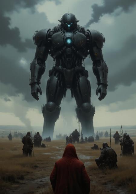 masterpiece, UHD, 8K, high res, high detailed, best quality, amazing quality,
(Digital illustration, far camera angle, Jakub Rozalski style, post-apocalyptic atmosphere, dramatic composition)
Amid a battlefield of tall, dry grass and under a storm-darkened sky, a group of hooded warriors in red, white, and blue cloaks gather around the towering figure of BT-7274, a battered Vanguard-class Titan. Smoke rises from BT’s shoulder vents as it looms like a protective sentinel, its dark, armored chassis marked with the ID “BT-7274.”
In the foreground, a determined young woman in a red cloak grips a spear, standing tall with her back to the viewer. Beside her, allies in blue and white cloaks take position—one observing the field, another crouched and reading the ground.
(Far background: ranks of soldiers in silhouette, storm clouds churning above, wind sweeping through the field). BT-7274's glowing blue eye scans the horizon as thunder rolls overhead, adding intensity and reverence to the unfolding moment.
(Muted tones, fog and smoke effects, painterly brushwork, grounded sci-fi x folklore fusion, epic narrative tension)


---
