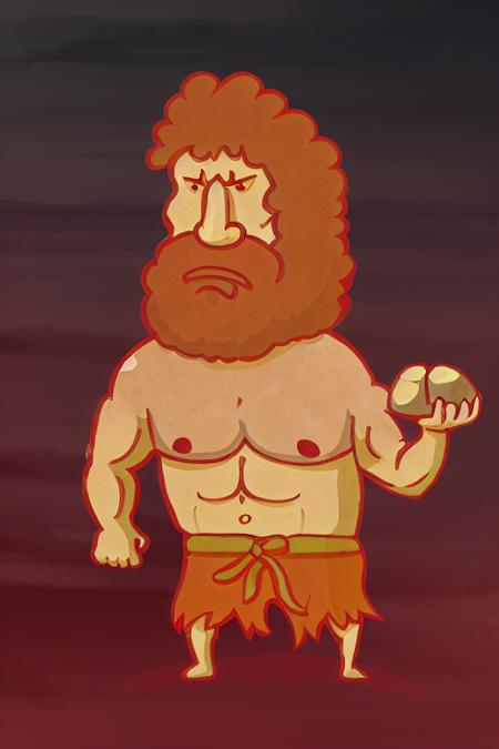 painfulstyle, a tribal caveman with shorts holding a big rock