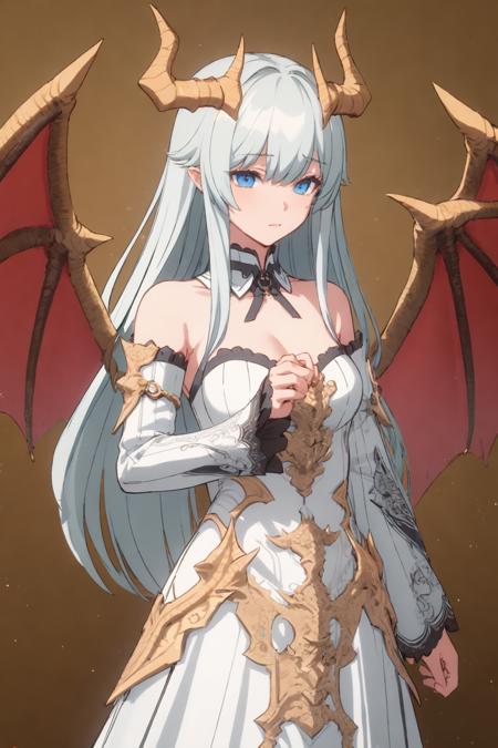 1gril, blue eyes, white dress, detached sleeves, dragon girl, white long hair, bare shoulders, dragon horns, dragon wings, bangs, detached collar