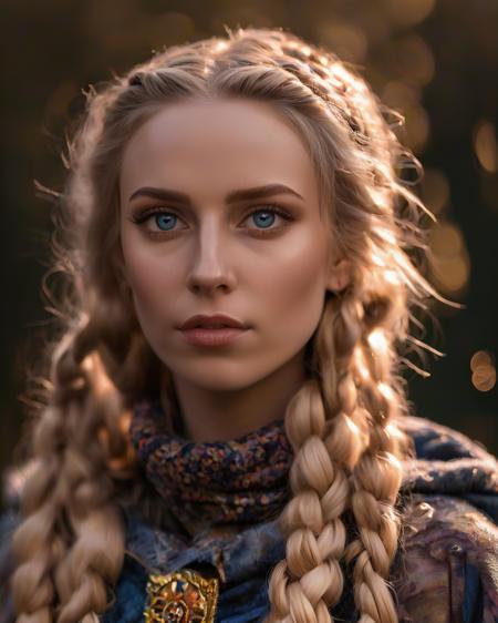 ((((masterpiece)), photographic)), professional detailed portrait, ultra high detail, sharp, insanely detailed, 



A fiercely proud Nordic girl stands, her presence exuding unwavering strength. Her blonde braids cascade down her back, framing a face marked by determination and resilience. This stunning portrait captures her piercing blue eyes, reflecting the icy landscapes of her homeland. The intricate details of her embroidered Viking armor and fur-lined cloak speak of her warrior spirit. This high-quality painting seamlessly combines power and grace, drawing the viewer into the captivating story of a fierce Nordic warrior princess. playful body manipulations, divine proportion, non-douche smile, gaze into the camera, holographic shimmer, whimsical lighting, enchanted ambiance, soft textures, imaginative artwork, ethereal glow, silent Luminescence, whispering Silent, iridescent Encounter, vibrant background, by Skyrn99, full body, (((rule of thirds))), high quality, high detail, high resolution, (bokeh:2), backlight, long exposure:2,





<lora:xl_more_art-full_v1:0.3>, 
<lora:AetherPunkAIv2:0.5>, aetherpunkai,
<lora:WowifierXL-V2:0.2>, 
<lora:orangeblack:1.0>, 
<lora:ReaLora:0.7>, 
<lora:RMSDXL_Enhance:3>, 
<lora:RMSDXL_Photo:0.8>, 
<lora:psychedelicai-SDXL-V2-000008:1>, 
<lora:EnvyBetterHiresFixXL01:0:hr=1>,  
<lora:add-detail-xl:0.8>, 
<lora:DetailedEyes_V3:1.2>, 
<lora:PerfectEyesXL:1.0>,
<lora:mjv6:0.6>,





