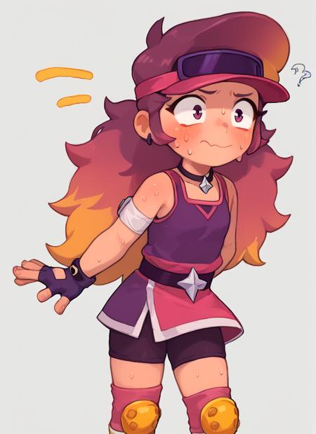 boamber   ,1 girl  , multicolored hair, long hair  ,purple tank top,  belt, yellow knee pads, shorts ,  skirt, shorts under skirt, visor cap,   pink headwear,  fingerless gloves,white Arm band,