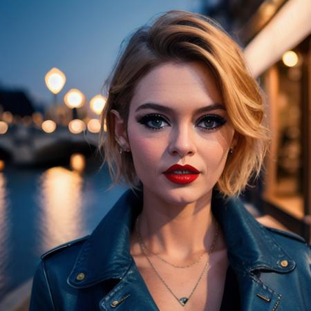 closeup photography, sexy BB<lora:BB:1>, short hair, blonde hair, make up, red lips, Paris city at night background, casual dressing, looking at viewer, hyperealistic