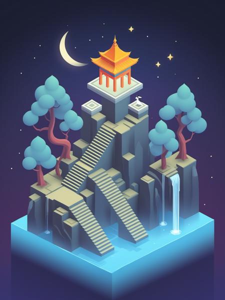 video game monument valley style, Ancient Chinese Architecture, stairs, water, cloud, trees, waterfall, gradient background, Night, starry sky, <lora:Monument Valley style:0.7>