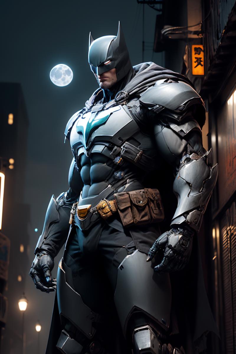 A digital illustration of Batman standing in the night.