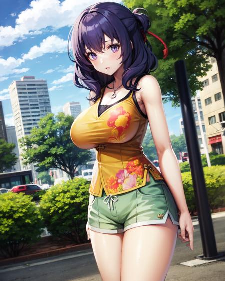 best quality, (masterpiece:1.2), illustration, absurdres,
(1girl), (solo), (beautiful detailed girl), cowboy shot,
<lora:RixiaCasual-08:1>, Rixia Mao, dark purple hair, medium hair, purple eyes, huge breasts, 
orange crop top, floral pattern, sleeveless shirt, green shorts, white shoes,
park, city, tall buildings, street, tree, sky, clouds, day,,
 looking at viewer, shy, blush