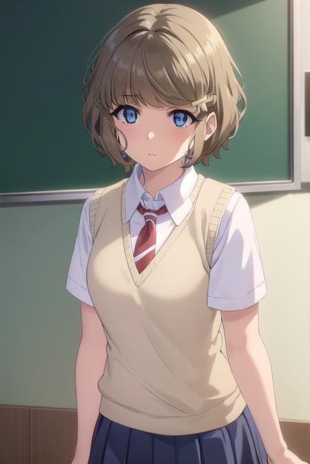 tomoekoga, <lora:tomoe koga s1-lora-nochekaiser:1>, 
tomoe koga, short hair, brown hair, blue eyes, hair clip,
BREAK skirt, shirt, school uniform, white shirt, short sleeves, pleated skirt, necktie, collared shirt, red necktie, sweater vest,
BREAK indoors, classroom,
BREAK looking at viewer, (cowboy shot:1.5),
BREAK <lyco:GoodHands-beta2:1>, (masterpiece:1.2), best quality, high resolution, unity 8k wallpaper, (illustration:0.8), (beautiful detailed eyes:1.6), extremely detailed face, perfect lighting, extremely detailed CG, (perfect hands, perfect anatomy),