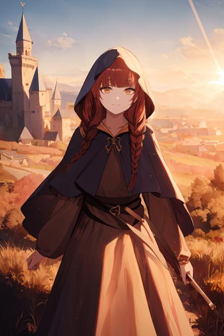 (masterpiece:1.2), best quality, <lora:Morgana:0.8>, main dress, hood up,beautiful sunlight, medieval castle, outside, close, best quality, ultra detailed, absurdres,8K, (best illustration), (best shadow),