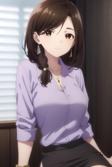 airigotou, <lora:airi gotou s1-lora-nochekaiser:1>,
airi gotou, long hair, brown hair, (brown eyes:1.5), braid, mole, mole under eye, hair over shoulder, mature female, smile,
BREAK skirt, shirt, jewelry, jacket, pantyhose, black skirt, necklace, black footwear, high heels, bracelet, black jacket, side slit, pencil skirt, purple shirt, office lady,
BREAK indoors, office,
BREAK looking at viewer, (cowboy shot:1.5),
BREAK <lyco:GoodHands-beta2:1>, (masterpiece:1.2), best quality, high resolution, unity 8k wallpaper, (illustration:0.8), (beautiful detailed eyes:1.6), extremely detailed face, perfect lighting, extremely detailed CG, (perfect hands, perfect anatomy),