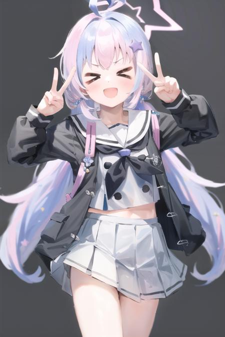 <lora:InequalitySignSmileyExpression:0.85>, <lora:uzawaReisaBlueArchive_10:0.825>, purple hair, multicolored hair, ahoge, sailor collar, halo, pleated skirt, star hair ornament, reisa\(blue_archive\), (> <:1.1), :d, (peace sign:1.1), (best quality, masterpiece:1.4), 1girl