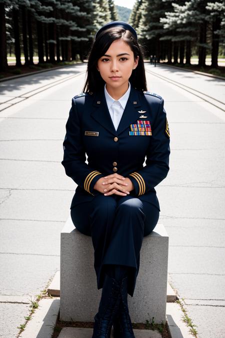 RAW photo, absurdres, high quality, photorealistic, sharp focus, airforce_uniform, 
portrait of a woman wearing an air force uniform, looking at viewer, upper body, pants, boots, sitting, 
outdoors, sunlight, 
photo realism, ultra-detailed, 50mm, f1. 4, 8k uhd, film grain, 
 <lora:airforce:1>