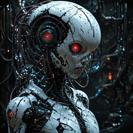 (biopunk sexy woman:1.2) with cybernetic features, cinematic, cyberpunk elements, amazing detailed, grim sci-fi, biomorph, organic and mechanical, natural light, beautiful cleavage, glowing red eyes  <lora:Dark_Futuristic_Circuit_Boards:0.6>  circuitboard, dark futuristic  <lora:hyperkraximalism_v1-1:0.2> <lora:Faceless_Cyborgs:0.9>  <lora:SDXLFaeTastic2400:0.6>