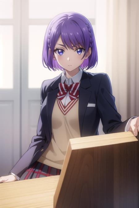 neneodagiri, <lora:nene odagiri s1-lora-nochekaiser:1>,
nene odagiri, short hair, (purple eyes:1.1), purple hair, braid,
BREAK skirt, bow, school uniform, jacket, pleated skirt, plaid, plaid skirt, blazer,
BREAK indoors, classroom,
BREAK looking at viewer,
BREAK <lyco:GoodHands-beta2:1>, (masterpiece:1.2), best quality, high resolution, unity 8k wallpaper, (illustration:0.8), (beautiful detailed eyes:1.6), extremely detailed face, perfect lighting, extremely detailed CG, (perfect hands, perfect anatomy),