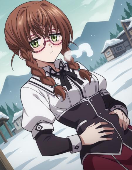 aika kiryuu, long hair, brown hair, green eyes, braid, glasses, twin braids, medium breasts shirt, ribbon, school uniform, white shirt, black ribbon, neck ribbon, capelet, black capelet, long sleeves, skirt, red skirt,