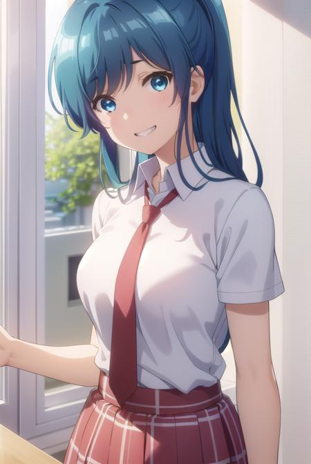 minaminanami, <lora:minami nanami s1-lora-nochekaiser:1>,
minami nanami, long hair, blue eyes, blue hair, ponytail, sidelocks, smile, grin,
BREAK skirt, shirt, school uniform, white shirt, short sleeves, necktie, plaid, plaid skirt, red necktie, brown skirt,
BREAK indoors, classroom,
BREAK looking at viewer,
BREAK <lyco:GoodHands-beta2:1>, (masterpiece:1.2), best quality, high resolution, unity 8k wallpaper, (illustration:0.8), (beautiful detailed eyes:1.6), extremely detailed face, perfect lighting, extremely detailed CG, (perfect hands, perfect anatomy),