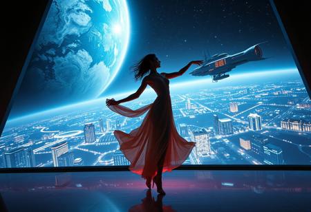 a beautiful elegant female dancer is dancing on a futuristic stage micro-LED lighted, behind the dancer on the stage is an enormous seamless and futuristic wall to wall and floor to ceiling window that looks out at a planet from low orbit, the planet is covered with the lights of enormous buildings and cities, An enormous deco starship with futuristic lighting and an enormous space station are visible in the background among the stars, Artistic art deco, dynamic perspective, (((overall architectural aesthetic is Art Deco Cyberpunk))).  Epic image that elicits a feeling of wonder and awe,
