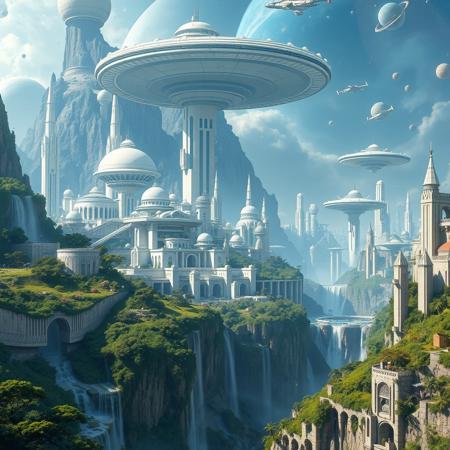 epic scifi landscape, futuristic scifi cityscape, scifi utopia, white buildings, vegetation, waterfalls, megastructure, space station, nebulae,