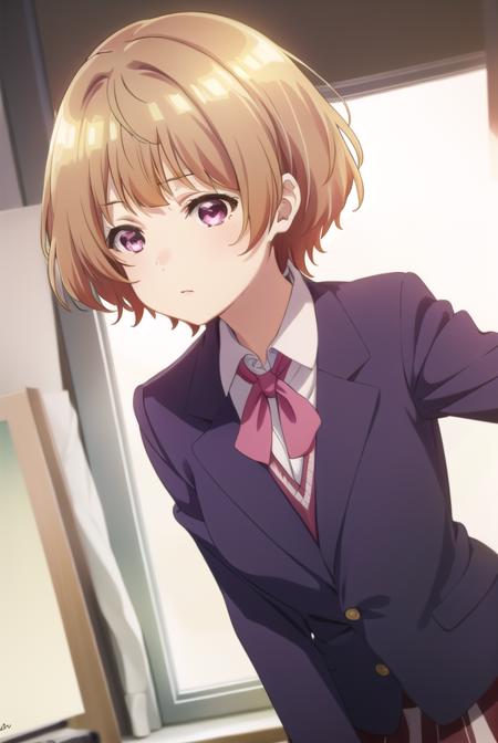 hanabinatsubayashi, <lora:hanabi natsubayashi s1-lora-nochekaiser:1>,
hanabi natsubayashi, short hair, brown hair, (pink eyes:1.2),
BREAK skirt, shirt, long sleeves, school uniform, jacket, white shirt, pleated skirt, necktie, collared shirt, plaid, plaid skirt, blazer, red necktie,
BREAK indoors, classroom,
BREAK looking at viewer,
BREAK <lyco:GoodHands-beta2:1>, (masterpiece:1.2), best quality, high resolution, unity 8k wallpaper, (illustration:0.8), (beautiful detailed eyes:1.6), extremely detailed face, perfect lighting, extremely detailed CG, (perfect hands, perfect anatomy),