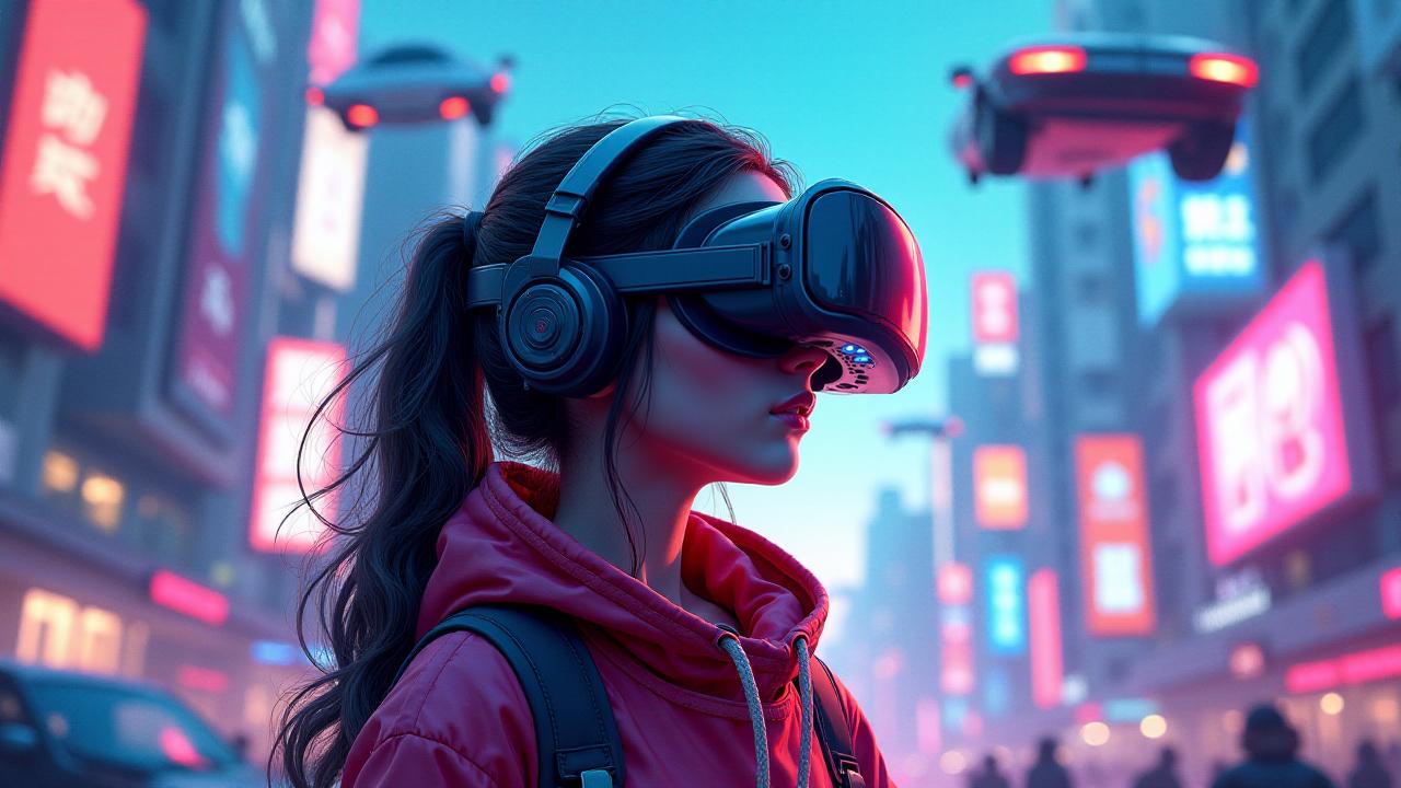 comic a girl playing virtual reality, cities of the future around her, futuristic cars flying in the sky, holograms-advertisements around her, raw, hdr, 8k textures, extreme detail, hight detailed skin texture, epic details, high sharpness . graphic illustration, comic art, graphic novel art, vibrant, highly detailed