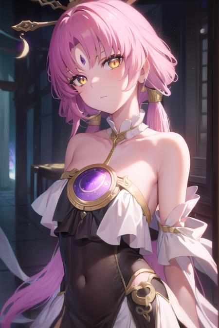 fu xuan, (yellow eyes:1.5), forehead jewel, hair ornament, hair stick, long hair, low twintails, parted bangs, pink hair, twintails, bare shoulders, black dress, bridal gauntlets, detached collar, detached sleeves, dress, jewelry, neck ring, pantyhose, skirt, white pantyhose, white skirt,