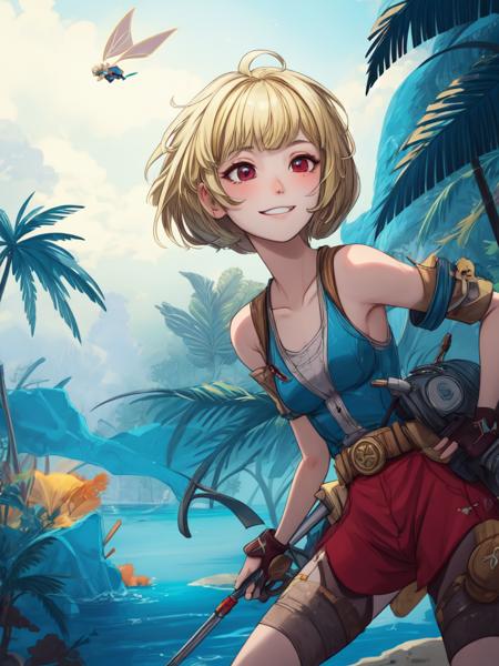 Dota style, 1girl, slender, wearing petroleum gauger outfits, (blond hair,  pixie cut hair:1.36), faint lips, Various postures, fingersmile,
(freckles:0.5), (dark mole:0.3), (skin spots, acnes, skin blemishes, age spot, lanugo:0.3),  from below , in the (Paradise:1.4), 
Artstation HD,
spring,
evening,
 NaturalHand2-3500  <lora:flat2:-1>, best quality, beautiful and delicate lips, delicate fingers, detailed pupil, illustration, NaturalHand2-3500