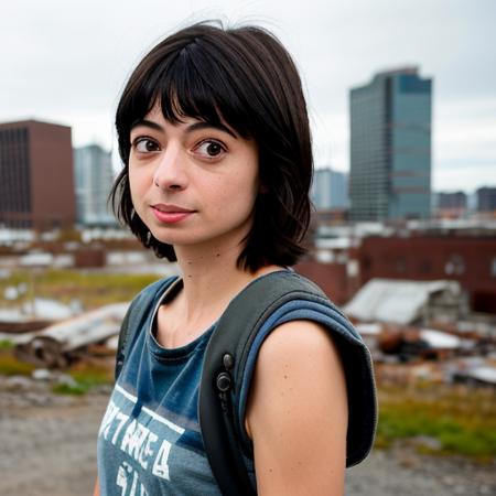 RAW photo, a close up portrait photo of kate micucci in wastelander clothes, long haircut, pale skin, slim body, background is city ruins, (high detailed skin:1.2), 8k uhd, dslr, soft lighting, high quality, film grain, Fujifilm XT3 <lora:kate micucci v1.0:1>