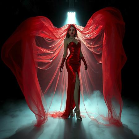 noble norvegian femme fatal lady  posing standing wearing evening GLOSSY THIN RED slime high slit gown, GLOVES  and high heels,   entrapped in  giant long waving  ultrathin transparent fisnet veils, surrounded by  fog from the floor, captured in light beam from celling,  breeding chamber,  ultrathin waisym reminiscent of H.R. Giger, Zdzisław Beksinski, and Ash Thorp's dark, sleek styles, with close-up glamour photography, glossy satin and silver heels glistening, fleshy slime dripping, and dark shadows.