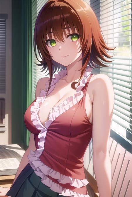 ryoukomikado, <lora:ryouko mikado darkness-lora-nochekaiser:1>,
ryouko mikado, short hair, hair between eyes, (green eyes:1.5), red hair, hair intakes, smile,
BREAK skirt, shirt, thighhighs, cleavage, frills, sleeveless, black skirt, sleeveless shirt, pink shirt, frilled shirt,
BREAK indoors, classroom,
BREAK looking at viewer, (cowboy shot:1.5),
BREAK <lyco:GoodHands-beta2:1>, (masterpiece:1.2), best quality, high resolution, unity 8k wallpaper, (illustration:0.8), (beautiful detailed eyes:1.6), extremely detailed face, perfect lighting, extremely detailed CG, (perfect hands, perfect anatomy),