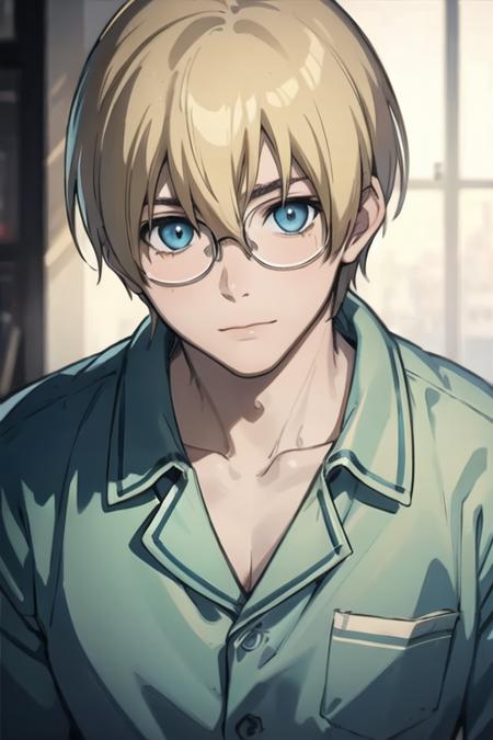 masterpiece, best quality, high quality, 1boy, solo, male focus, looking at viewer, upper body, <lora:william_macbeth:0.52>, william_macbeth, blonde hair, glasses, blue eyes, realistic, pajamas