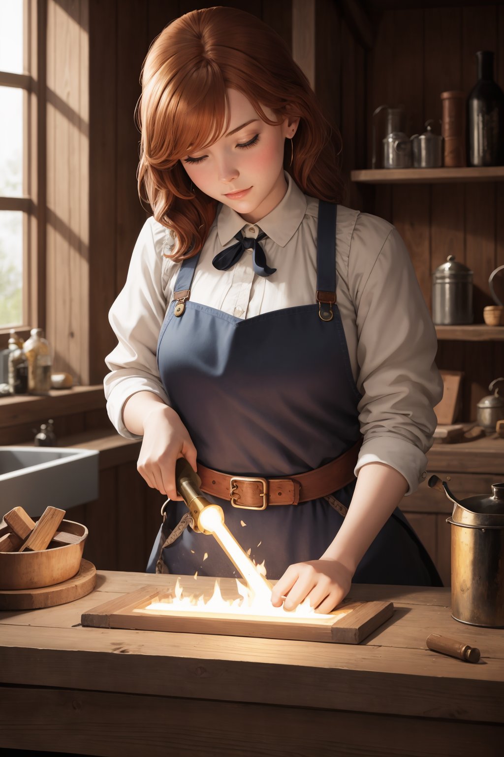 (masterpiece, best quality:1.3), 1girl, Icelander blacksmith, nice hands, in a smithy, auburn hair<lora:GoodHands-beta2:1>