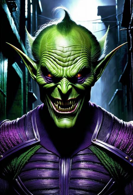 The Green Goblin, Burned and disfigured flesh, tattered purple and green striped sweater, grotesque grin, sinister gaze, ominous shadows in a dark alleyway, Wes Craven's horror vision come to life, influenced by the eerie surrealism of Zdzisław Beksiński and the dark fantasy of H.R. Giger, with the bold vibrant colors and intense textures of a Greg Capullo illustration.