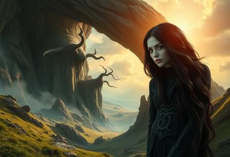 a beautiful landscape with wrong and bizarre angles through which primordial and eldritch beings force their way into the world, summoned and conjured by an otherworldly beautiful woman with raven hair and emerald eyes, the priestess of the fallen