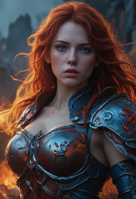 High resolution ultra-realistic of Beautiful Warrior girl, Fantasy style, 8k, capturing the intensity of the moment, dramatic lighting, standing on a bloody and stormy battlefield in a fighting pose, fire, intricately designed shining iron armor, red mini skirt, perfect athletic figure, beautiful Warrior girl, fire, dirty face, ultra realistic, cinematic style, athletic figure, Firm sinewy female body, dark fantasy, covered in dirty and blood, cinematic colors Lighting, extremely detailed, 8K, wavy red hair, realistic dirty bloody pale face, realistic blue eyes, beautiful Warrior girl on in cool iron armor, hyper-detailed, hyper-realistic, bright colours, Attractive 21 old years girl, Attractive, beautiful firm Breasts, sharp focus, digital painting, Photograph Taken on Nikon D750, Alphonse Mucha, 8K, athletic figure, Hyperdetailed, hyperrealism, Attractive, Attractive bust girl, asymmetric balance