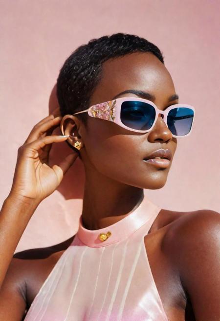 photo RAW,((close-up) African character design,vogue, prada, versace, Square Sunglasses, glamourous, fashion world, editorial, fashion, magazine shoot, fluff, dreamy glow, extraterrestrial, fantastic realism, kitsch outfit, sunrays, pastel,cotton dof, (composition centering, conceptual photography),luminogram, sharp focus, colorful, clear, detailed), masterpiece, award winning photography, natural light, perfect composition, high detail, hyper realistic,lens flare,Timeless Elegance, Classic Tones, Refined Lighting, depth of field,sharp focus