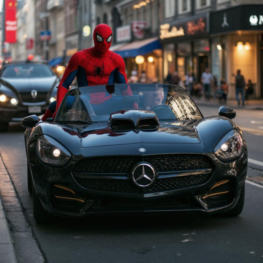 Spiderman rides in Batman's car