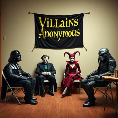 darth vader, the joker, (the red queen from alice in wonderland), and the predator are sitting on folding chairs in a half circle, a banner is hanging on the wall that reads "Villains Anonymous", a table with refreshments is off to the side, photo-realistic, high definition