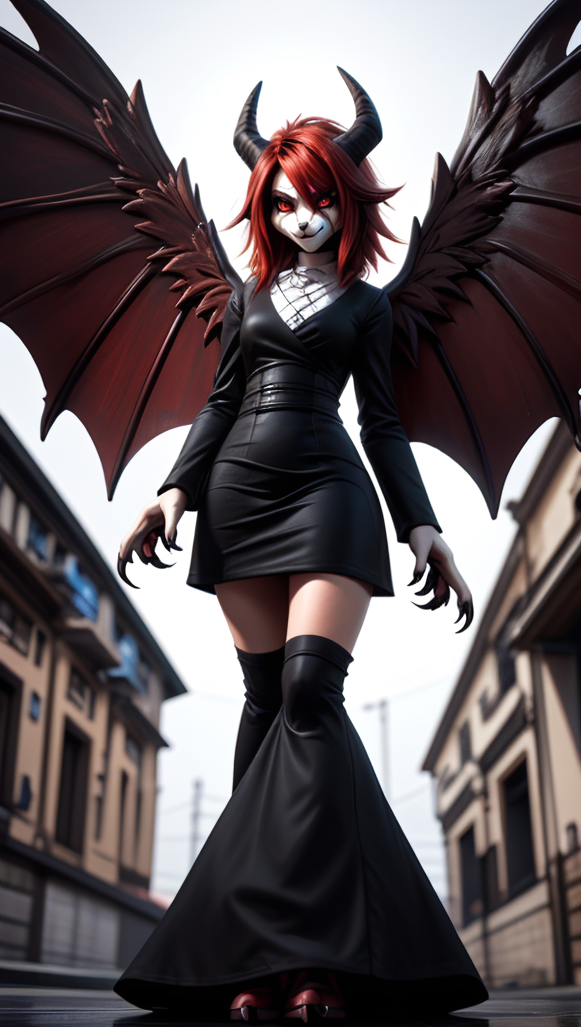 Furry
(score_9, score_8_up, score_7_up)
1girl, girl demon, red hair, red eyes, wings, claws, black dress, beautiful_face
\...