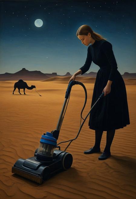 detailed photorealistic image, woman cleaning desert with a vacuum cleaner, black camel, night, dark contrast ,(oil painting), in abstract art style, (by John Everett Millais:1.1), (by Paul Klee:1.7),  directional lighting, masterpiece, perfect composition, abstract glitch,masterpiece,best quality,very aesthetic, absurdres,