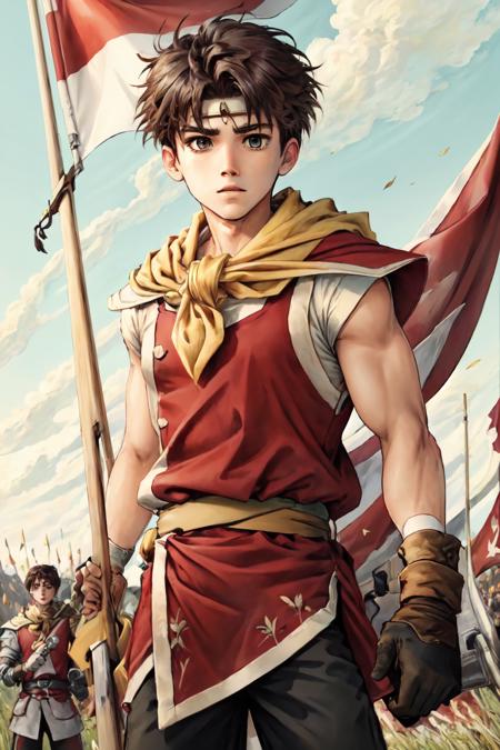 1boy,   yellow scarf, red tunic, black pants, multiple boys, soldier, plate armor, spear, cheering, grass, sky, banner, flag, <lora:Riou_Suikoden2V1.6:0.95>