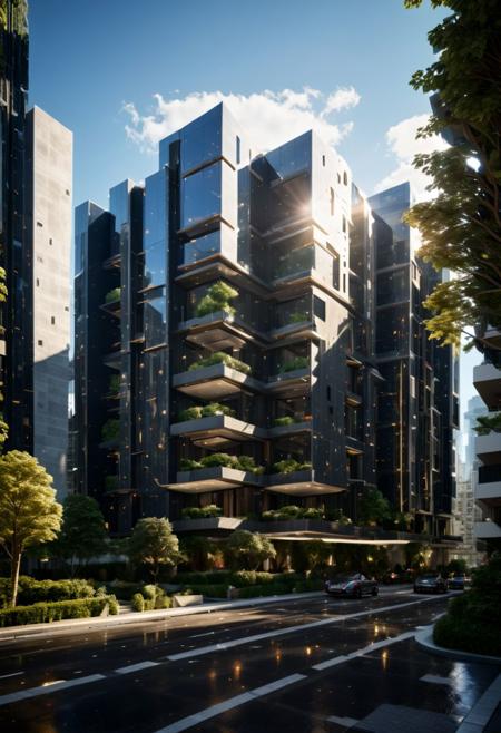 (((Modern style architecture, housing, luxury residence))),
outdoors, sky, tree, blue sky, no humans, ground vehicle, building, scenery, reflection, city, cityscape, bare tree, skyscraper, real world location,
(Large Files, Ultra Realistic, 8K, 16k, FHD, HD, VFX, Perfect, Photography, composition, Architecture Sales Photography, Architecture Competition, Ultra High Resolution, Cinematography, High Resolution Image:1.1), (dramatic lighting, direct sunlight, ray tracing, clear shadow:1.2), (real landscape:1.1), (blurred background:1.0), (urban background, more_details)  
(avant-garde, future, reality, science fiction, photorealistic), (modern architecture:1.2), White limestone with black granite, fountain, waterfall, landmark, square, path, narrow street,
(Large Files, Ultra Realistic, 8K, 16k, FHD, HD, VFX, Perfect, Photography, composition, Architecture Sales Photography, Architecture Competition, Ultra High Resolution, Cinematography, High Resolution Image:1.1), (dramatic lighting, direct sunlight, ray tracing, clear shadow:1.2),  (real landscape:1.1), (blurred background:1.0), (urban background, more_details) ,
great lighting, extremely detailed, clear, SteamPunk, futuresurban