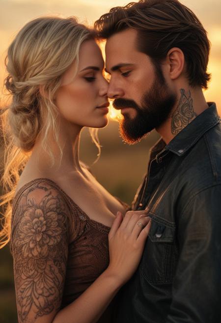 Height-difference high-quality, photorealistic vivid backlit erotic sensual sexy suggestive close-up from side couple's imminent kiss lustful image intense titillating action-photo of a grungy rugged-man burly big bearded lumberjack giant-man tattooed-man masculine swarthy 40yo dark-haired-man handsome-biker & a 28yo fresh-faced stunning-blonde-woman Amish-woman Mennonite-Woman pioneer-woman with a big-height-difference in an intimate embrace against a sunset backdrop in a rural, pastoral setting. The tall-man is muscular, wearing a black leather jacket, jeans & has bulging-muscles. His massive muscular arms hold the short-woman, who wears a blue collarless 3/4 sleeve high-necked solid-color Amish-dress floor-length blowing in breeze. The fair-skinned small-busted petite-woman has blonde-hair in an updo with an Amish cap head-covering Kapp, & they are looking passionately at each other eye-contact. The background features a prairie field as the sun sets. The overall mood of the image is romantic & passionate, capturing the intensity of their connection in a serene, country setting. detailxl, freckles, luminous, ethereal, looking at another, Style-Cuddles, 
JuggernautNegative, Style-Interact, 
Detailed clothing textures. perfect limbs & hands.
natural skin texture & pores. RAW photo, (high detailed skin:1), 8k uhd, dslr, soft lighting, high quality, film grain, epic composition, Fujifilm XT3, Canon R5