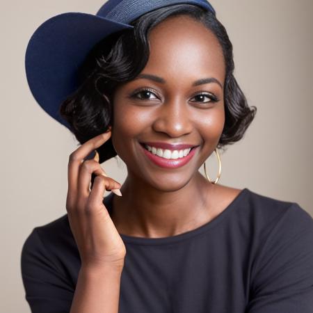 a smiling woman with dark skin with smooth finger wave hair wearing a tiny hat<lora:fingerwave_hair_v1.0.3:1>